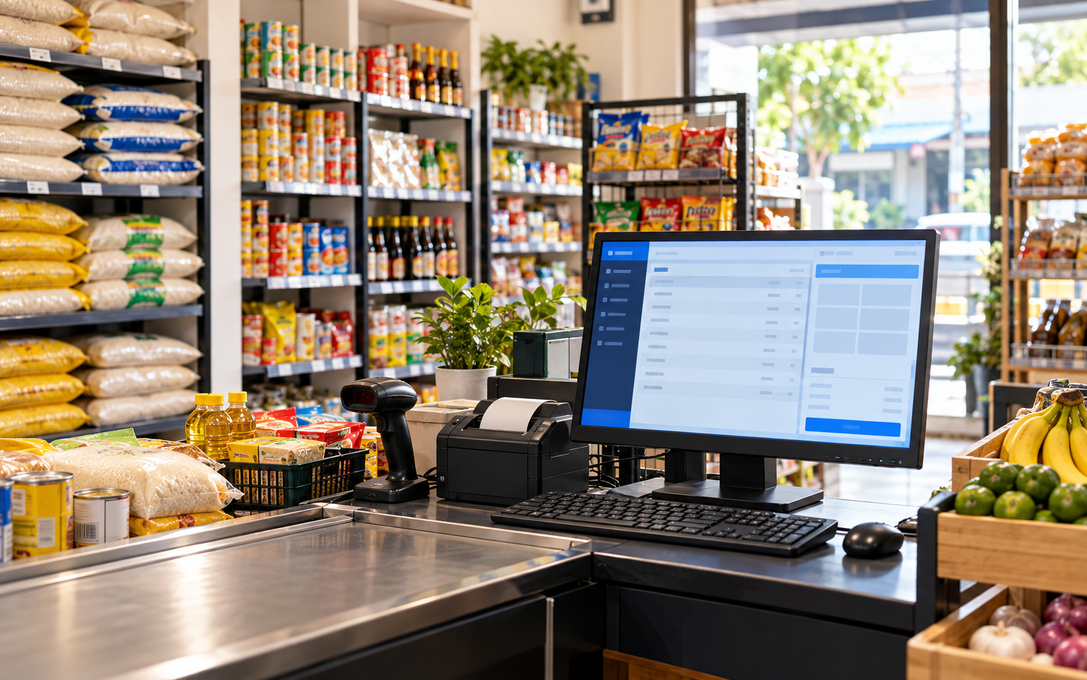 Grocery checkout with a desktop POS, barcode scanner, receipt printer, and rice products